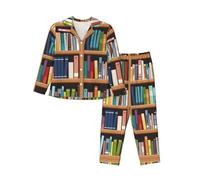 JUEXDEME Women'S Library Bookshelf Pyjama Set Printed Long Sleeve Button Down Pyjamas Two Piece Comfy Sleepwear And Loungewear Set Full-Length Bottom Pyjama Set Black