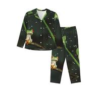 JUEXDEME Women'S Peace Tree Frog Pyjama Set Printed Long Sleeve Button Down Pyjamas Two Piece Comfy Sleepwear And Loungewear Set Full-Length Bottom Pyjama Set Black