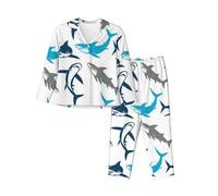 JUEXDEME Women'S Sharks Pyjama Set Printed Long Sleeve Button Down Pyjamas Two Piece Comfy Sleepwear And Loungewear Set Full-Length Bottom Pyjama Set Black