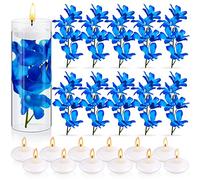 Juexica 28 Pieces Floating Flowers for Centerpieces Blue Orchid Flowers Vase Fillers Unscented Floating Candles for Wedding Table Party Home Decoration