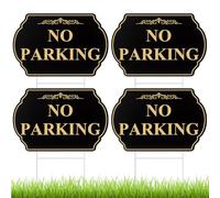 Juexica 4 Pcs No Parking Signs with Stand - 12" x 8" No Parking Yard Sign Double Sided, Heavy-duty Metal, Weatherproof & UV Protected for Driveway, Private Property(Gold Black)