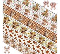 Juexica 6 Rolls 30 Yards Boho Floral Highland Cow Wired Edge Ribbon DIY Crafts Fabric Ribbons for Gift Wrapping Bows Party Decoration Sewing Supplies