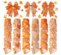 Juexica 6 Rolls 30 Yards Fall Wired Edge Ribbon DIY Pumpkin Maple Leaf Crafts Orange Fabric Ribbons for Thanksgiving Rustic Autumn Harvest Gift Wrapping Bows Party Decoration