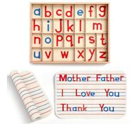 Juexica Montessori Letters Movable Wood Alphabet with Box and Large Mat Small Wooden Alphabet Montessori Trays Preschool Spelling Learning Language Materials, Red, Blue (Capital Letters)