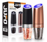 JUFO Gravity Electric Salt and Pepper Grinder with LED Light, Adjustable Coarseness, Battery Operated, One-Handed Operation Salt Pepper Mills（2 Pieces Black/Rose Gold