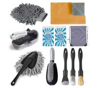 Juformin 10PCS Car Detailing Brush Set - Multi-Functional Brushes with Microfiber Suede Towel & Natural Cleaning Gel, Complete Car Interior & Exterior Detailing Kit