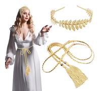 JUFYVO 2pcs Greek Goddess Costume Fancy Dress Accessory Roman Laurel Leaf Crown Headbands Tassel Braided Waist Belt Women's Clothing Set for Weddings Cosplay