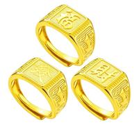 JUFYVO 3 Pack Gold Plated Men's Adjustable Signet Rings Chinese Wealth Blessing Lucky Open Thumb Rings Chunky Vintage Costume Accessories for Halloween Fancy Dress