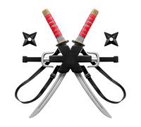 JUFYVO 7 Pcs Ninja Backpack Katana Red Ninja Swords with Back Harness Double Costume Prop Accessory Warrior Toy Weapons with Back Strap for Halloween Cosplay Accessory