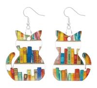 JUFYVO Cat Bookcase Dangle Earrings Cartoon Acrylic Cute Drop Earrings Cat Book Earrings Book Lovers Gift Back To School Jewelry Gifts for Daily Wear