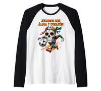 Jugamos con Alma y Corazón - Día de los Muertos Soccer Skull Raglan Baseball Tee