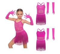 Jugaoge Cha Cha Dance Costume for Girls Hip-hop Cha-cha Tassel Decoration Cross Back Leotard Set Hot Pink 7-8 Years