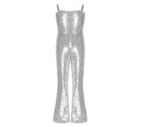 Jugaoge Girls 70s 80s Hippie Disco Funky Dance Costume Sequins Ball Gown Jumpsuit Evening Party Gown Silver 13-14 Years