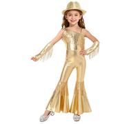 Jugaoge Girls Disco Flare Jumpsuit High Waist Flared Jumpsuit with Gloves and Fedora Hat for Banquet Pageant Party Light Gold 9-10 Years
