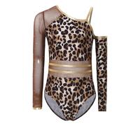 Jugaoge Girls Leopard Print Tribal Dress Asymmetric Long Sleeve Mesh Patchwork Sparkly Rhinestones for Halloween Brown 5-6 Years