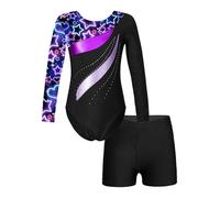 Jugaoge Girls Long Sleeve Gymnastics Leotard Workout Bodysuit with Shorts 2 Pieces Set Ballet Tumbling Athletic Suit Starry Black A 11-12 Years