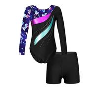 Jugaoge Girls Long Sleeve Gymnastics Leotard Workout Bodysuit with Shorts 2 Pieces Set Ballet Tumbling Athletic Suit Navy Blue A 11-12 Years