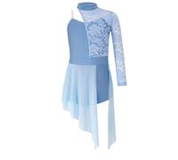 Jugaoge Girls Single Long Sleeve Lace Patchwork Lyrical Dance Dress Modern Contemporary Dancewear Jumpsuit Light Blue 11-12 Years