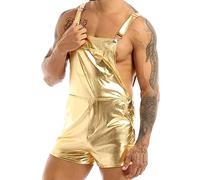 Jugaoge Men Shiny Metallic Dungarees Bib Overalls Suspender Shorts Adult Hot Pants Dance Party Clubwear Gold XL