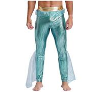 Jugaoge Men's Mermaid Pants King of The Seas Costume Fish Scale Printed Leggings Sea God Poseidon Fish Tail Cosplay Outfit Mint Green XXL