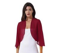 Jugaoge Women 3/4 Sleeve Sheer Soft Chiffon Bolero Shrug Open Front Jacket Cardigan for Wedding Evening Dress Burgundy XXL