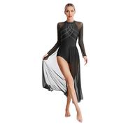 Jugaoge Women Modern Lyrical Dress Long Sleeve Side Split Mesh Maxi Skirt Dancewear Modern Dance Leotard Black L