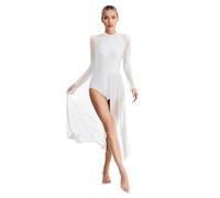 Jugaoge Women Modern Lyrical Dress Long Sleeve Side Split Mesh Maxi Skirt Dancewear Modern Dance Leotard White L