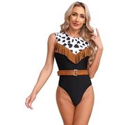 Jugaoge Womens Cow Print Sleeveless Leotard Halloween Cowgirl Costume Fringe Tassels Cowgirl Outfits Set Black XXL