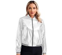 Jugaoge Womens Holographic Metallic Bomber Moto Jacket Coat Hip Hop Outerwear Dance Jacket Coat Silver M