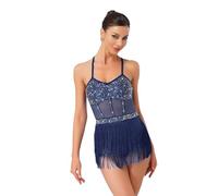Jugaoge Women's Latin Dance Leotard Jazz Dance Bodysuit Sleeveless Fringe Sparkly Samba Salsa Ballroom Dancewear Navy Blue L