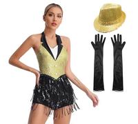Jugaoge Women's Tuxedo Jazz Dance Costume Sequins Tassels Ballroom Leotard Jumpsuit with Gloves and Hats Yellow L