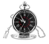 JUGCUT Pocket Watch for Men, Silver Engraved Quartz Watch with Black Dial, Roman Numerals, Chain & Clip for Gentlemen, Suit, Waistcoat, Wedding, Birthday, Anniversary, Father’s Day Gift Box Included
