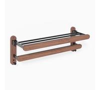 Jugen Towel Rail Wall Mounted - Foldable 2-Tier Bathroom Towel Rack with Hooks, Solid Black Walnut Wooden Towel Holder, No Drill Self Adhesive or Screw Mount, 60cm