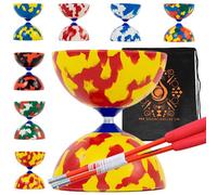 Juggle Dream Jester Diabolo Set with Fibre Sticks, Diabolo String - Pro Medium Rubber Diablo Set With Cascade Carry Bag (Red and Yellow)