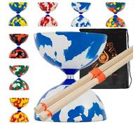 Juggle Dream Jester Diabolo Set with Wood Sticks - Pro Medium Rubber Diablo Set With Wooden Handsticks and Cascade Carry Bag (Blue and White)