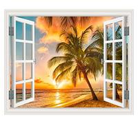 JUGGO Removable Blue Sky Beach Coconut Tree Tropic 3d Window View Scenery Wall Sticker Decor Decal Sunset Seascape Wallpaper Home Decor (Color : 16, Size : 60X90cm)