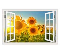 JUGGO Window Mural Wall Stickers, Wall Art Vinyl Decal Sunflower 3D Window View Sticker Summer Beach Landscape Kitchen Decor Wall Poster Wallpaper Sticker (Color : W1569, Size : 60x90cm)