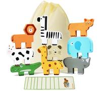 JugueteLand Wooden Animal Blocks Stacking Toy for Toddlers, Montessori Balance & Stacking Game with Safari Animals Educational Wooden Toy for Kids Ages 18M+