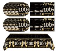 Juhap 41Pcs 100th Birthday Decorations for Men Women, Black Gold 100 Year Old Birthday Party Supplies Include 20 Plates 20 Napkins and 1 Tablecloth, Black Gold 100 Aged Birth Party Tableware