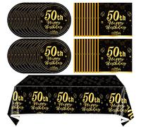 Juhap 41Pcs 50th Birthday Party Decorations for Men Women, Black Gold Happy 50th Birthday Supplies with 20 Plates, 20 Napkins and 1 Tablecloth, 50 Years Old Party Disposable Tableware Kit for Him Her