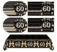 Juhap 41Pcs 60th Birthday Decorations for Men Women, Black Gold 60 Year Old Birthday Party Supplies Include 20 Plates 20 Napkins and 1 Tablecloth, Black Gold 60 Aged Birth Party Tableware