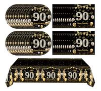 Juhap 41Pcs 90th Birthday Decorations for Men Women, Black Gold 90 Year Old Birthday Party Supplies Include 20 Plates 20 Napkins and 1 Tablecloth, Black Gold 90 Aged Birth Party Tableware