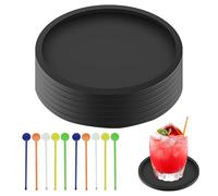 Juhuifu 6 Pcs Round Black Coasters, Heat-Resistant Cup Coasters, Silicone Non-Slip Drink Coaster for Drinks Coffee Beer with 10 Cocktail Stirring Sticks Suitable for Home Bar Outdoor Events Parties