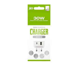 Juice 30W Dual Port Fast Charger Plug USB-A & USB-C, Fast Charge Smartphones and Tablets, Power Delivery, Compact Design with Sure Grip Technology