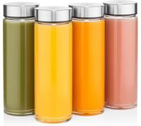 Juice Bottles - 4 Pack Wide Mouth Glass Bottles with Lids - for Juicing, Smoothies, Beverage Storage - 16oz Glass Water Bottles, BPA Free, Stainless Steel Lids, Leakproof, Reusable, Borosilicate