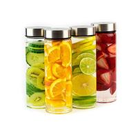 Juice Bottles - 4 Pack Wide Mouth Glass Bottles with Lids - for Juicing, Smoothies, Infused Water, Beverage Storage - 16oz, BPA Free, Stainless Steel Lids, Leakproof, Reusable, Borosilicate
