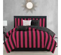 Juicy Couture Cabana Stripe Reversible Bedding Set - Queen/Full Size - Black and Hot Pink Stripe Print - 6 Piece Set - Includes 1 90" x 90" Comforter, 3 Decorative Pillows, 2 Shams