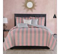 Juicy Couture Cabana Stripe Reversible Bedding Set - Twin/Twin XL Size - Pink and Grey Stripe Print - 5 Piece Set - Includes 1 66 x 90 Comforter, 3 Decorative Pillows, 1 Sham