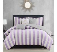 Juicy Couture Cabana Striped Reversible Bedding Set, King, Lavender and White Stripe Print, 6 Piece Set, Includes 1 Comforter 104" x 90", 3 Decorative Pillows