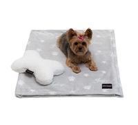 Juicy Couture Grey Paws and Stripes Dog Blanket with Sherpa Bone Shaped Pillow - Plush Puppy Blanket Throw, Breathable, Lightweight, Machine Washable, Cat Blanket for Small Medium & Large Pets